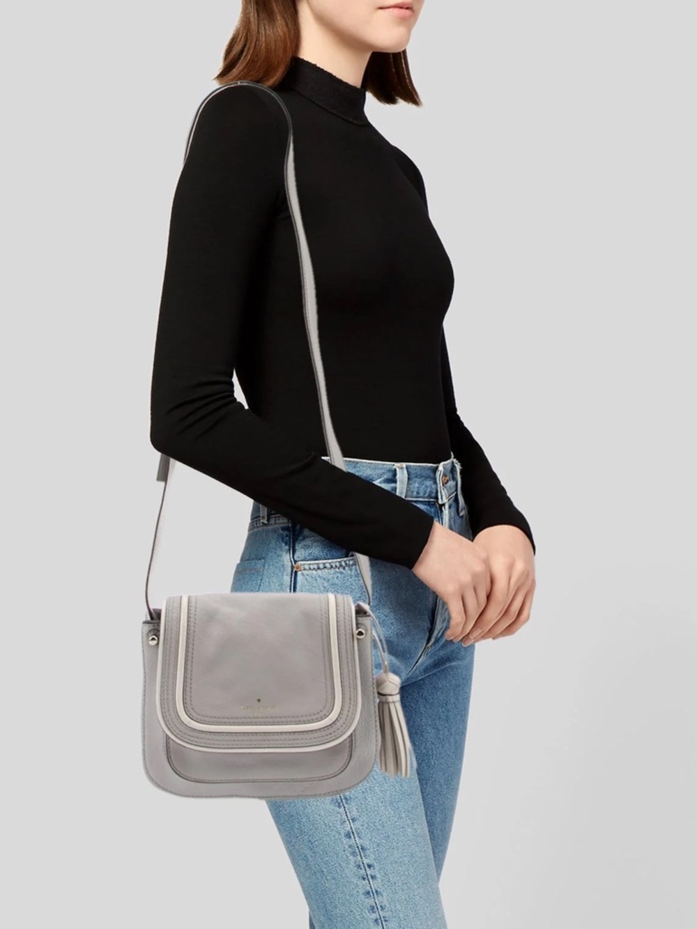 Kate Spade New York Light Gray Shoulder Bag with Tassel and Adjustable Strap - Picture 3 of 15
